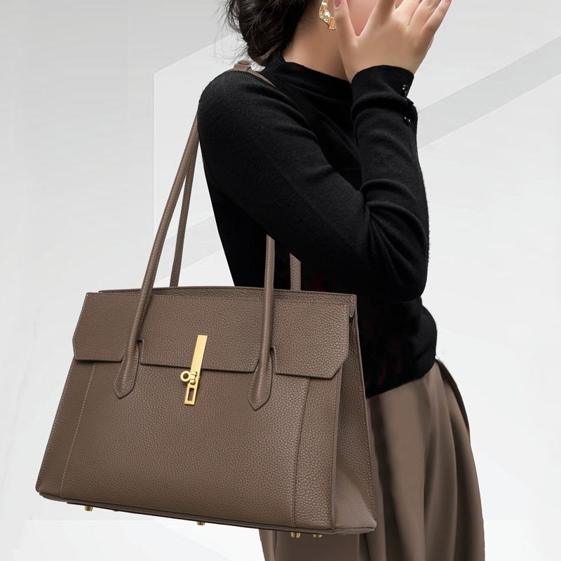 Women's Genuine Leather Large Capacity Solid Color Tote Bag