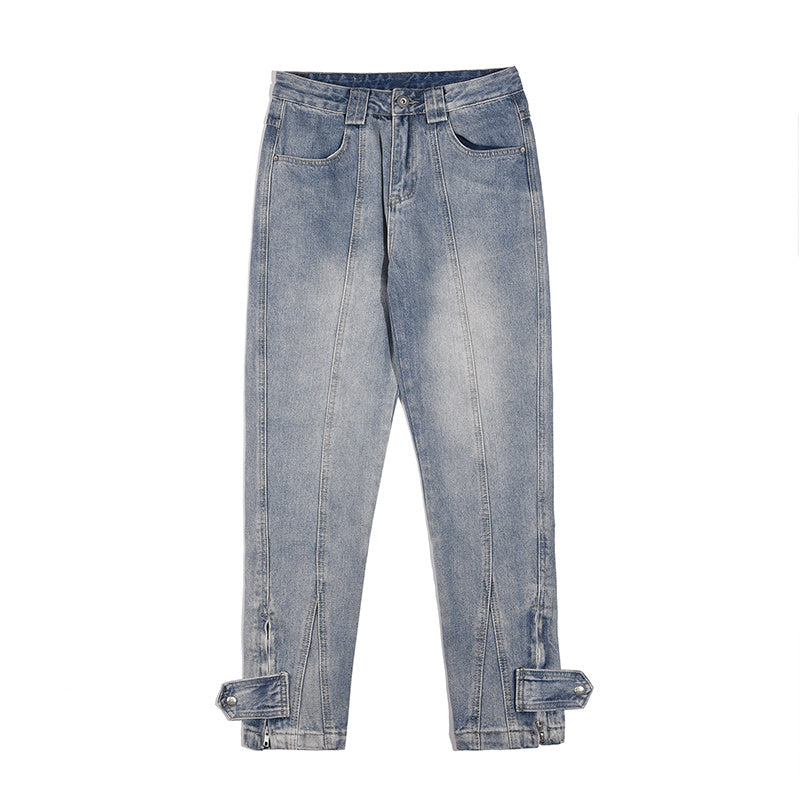 High Street Washed Blue Distressed 3D Cut Jeans With Side Zipper