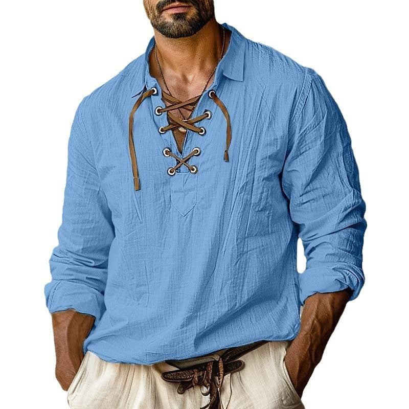 Men's Plus Size Loose Linen Long Sleeve Solid Color Shirt with Lapels