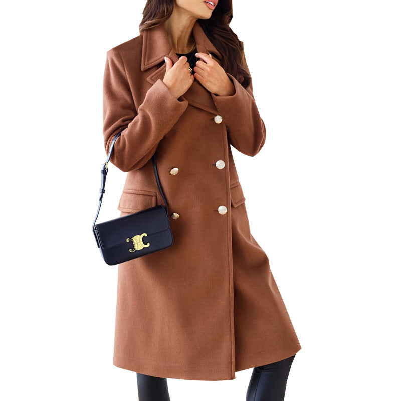 Women's Slim Lapel Double Breasted Long Sleeve Woolen Coat