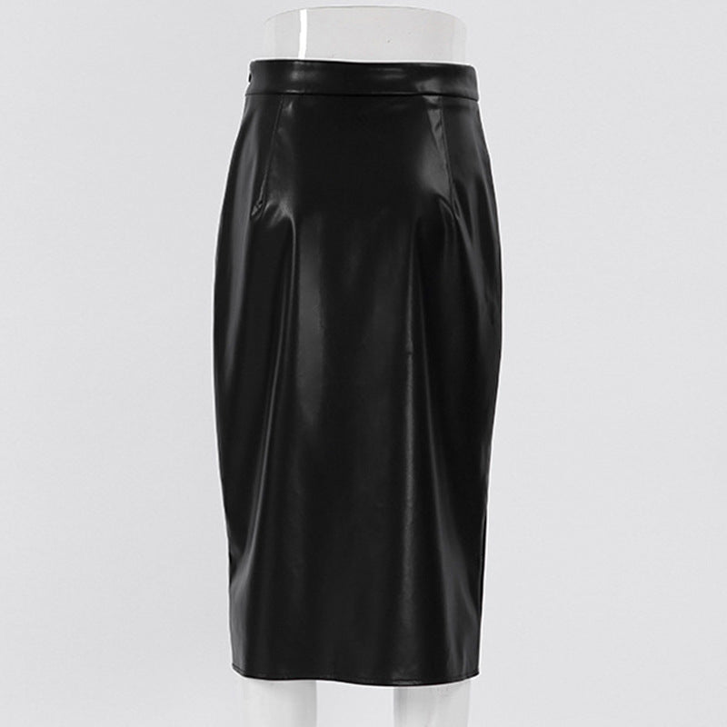 European & American High Waist Black PU Leather Split Skirt