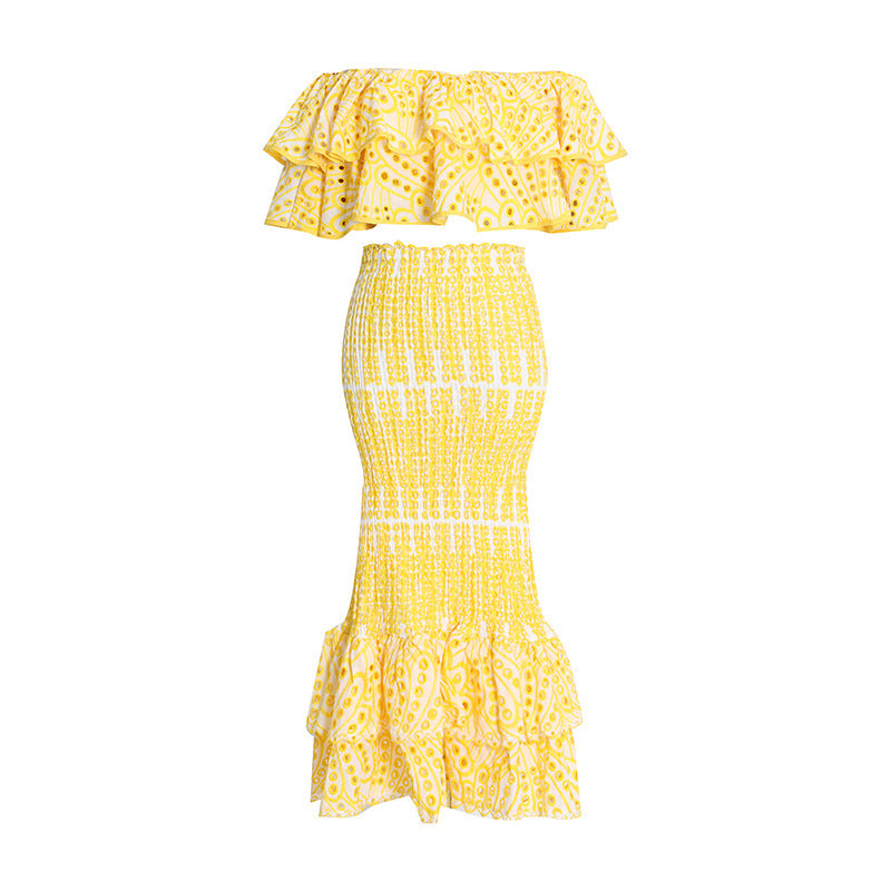 Ensemble chemise irrégulière à volants et jupe sirène taille haute pour femme