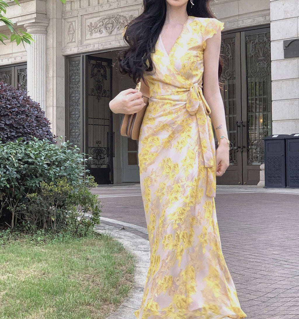 Women's Retro French Floral High Waist Dress