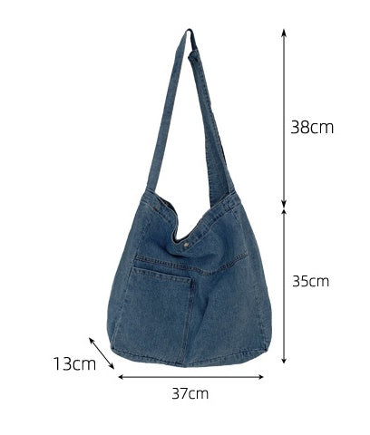 Washed Denim Large-Capacity Crossbody Bag in Dark Blue, Black, Light Blue