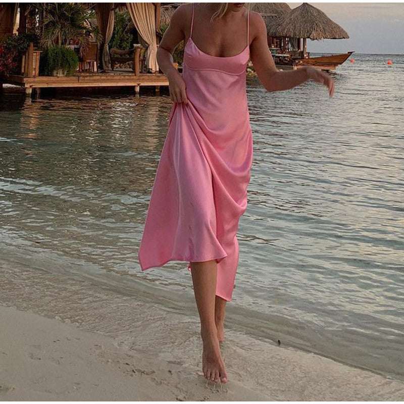 Women’s Satin Sleeveless Backless Long Slip Dress – Elegant Casual Party Summer Dress