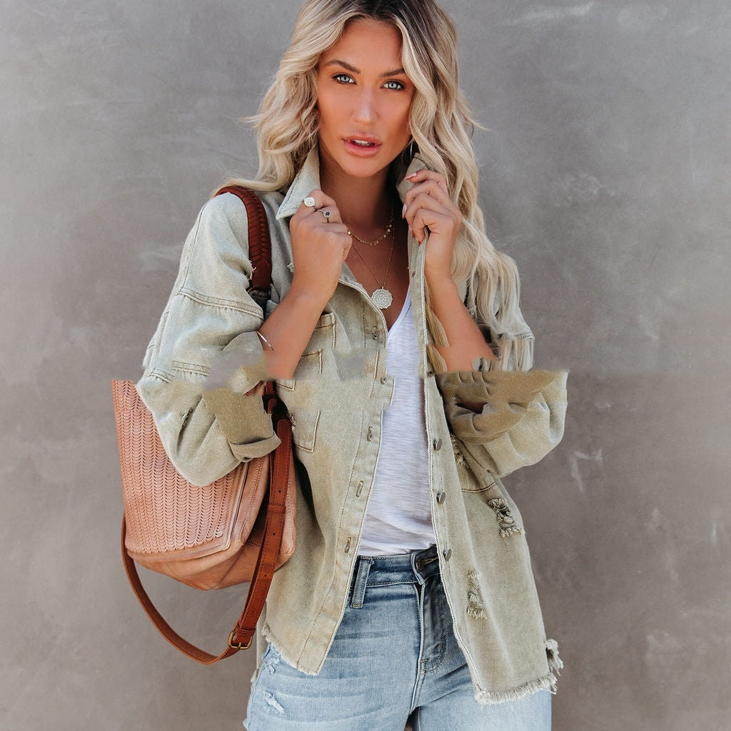 Veste en jean mi-longue déchirée à ourlet brut pour femme