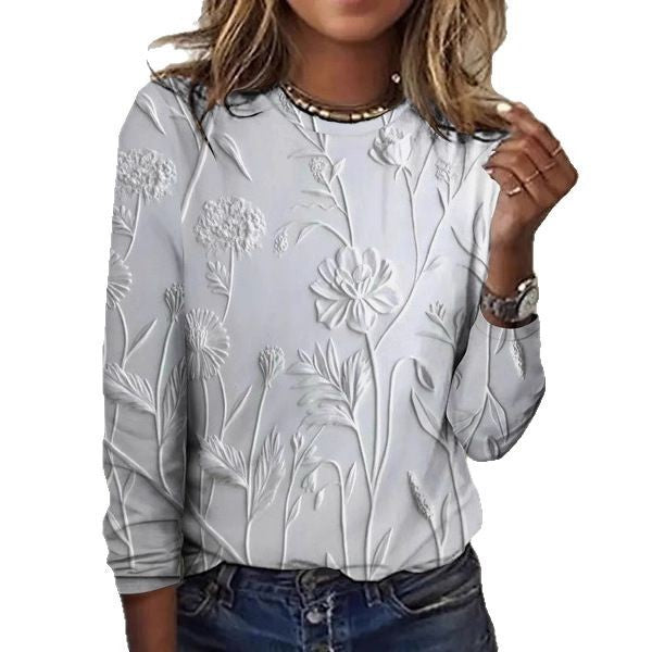 Women's Fashion 3D Digital Printed Round Neck Long-sleeved T-shirt