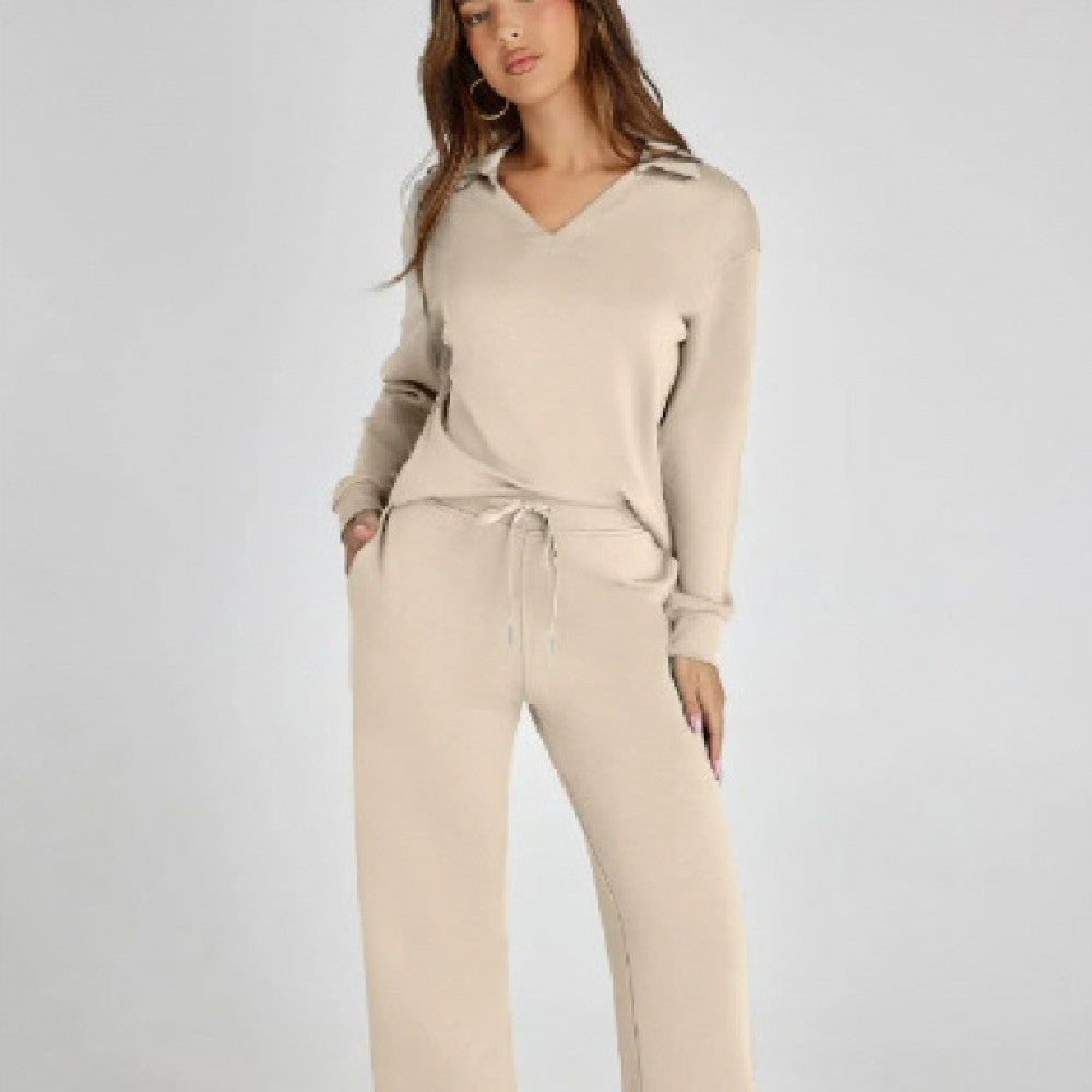 Women's V-Neck Tracksuit Set Long Sleeve Pullover & Drawstring Straight-Leg Trousers Solid Colors