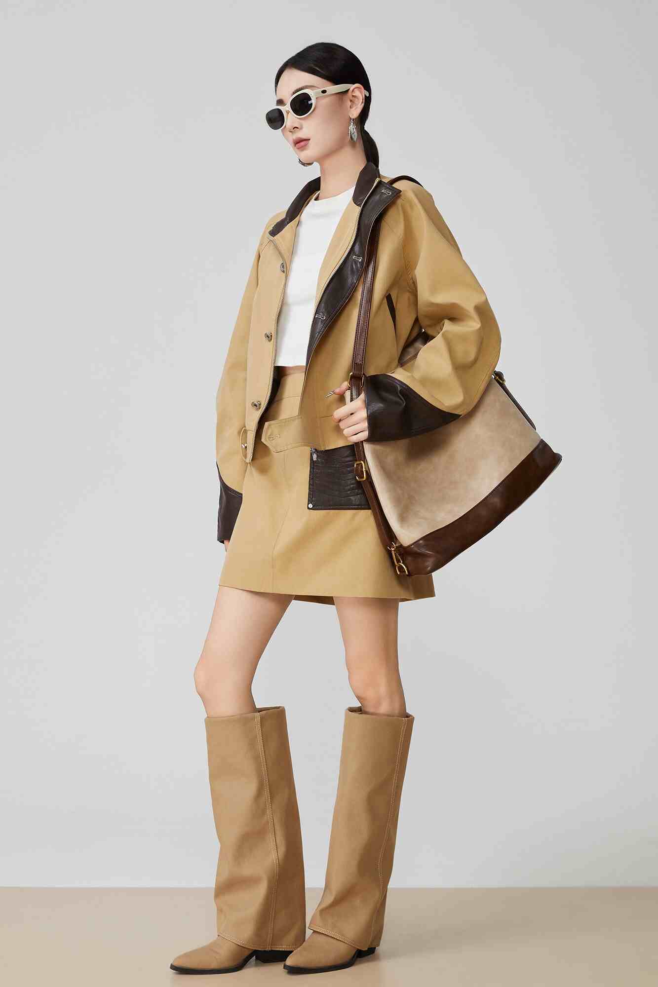 Leather Patchwork Stand-Up Collar Two-Piece Suit with A-Line Skirt for Women