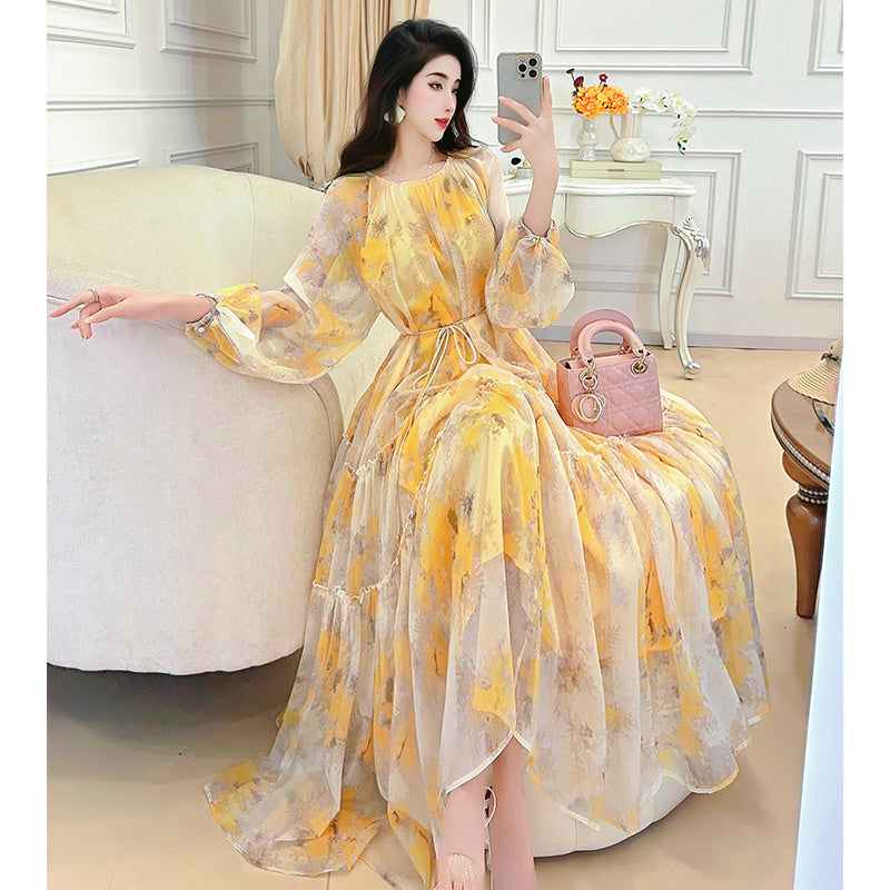 Women's Floral Chiffon Dress with Round Neck, One Size