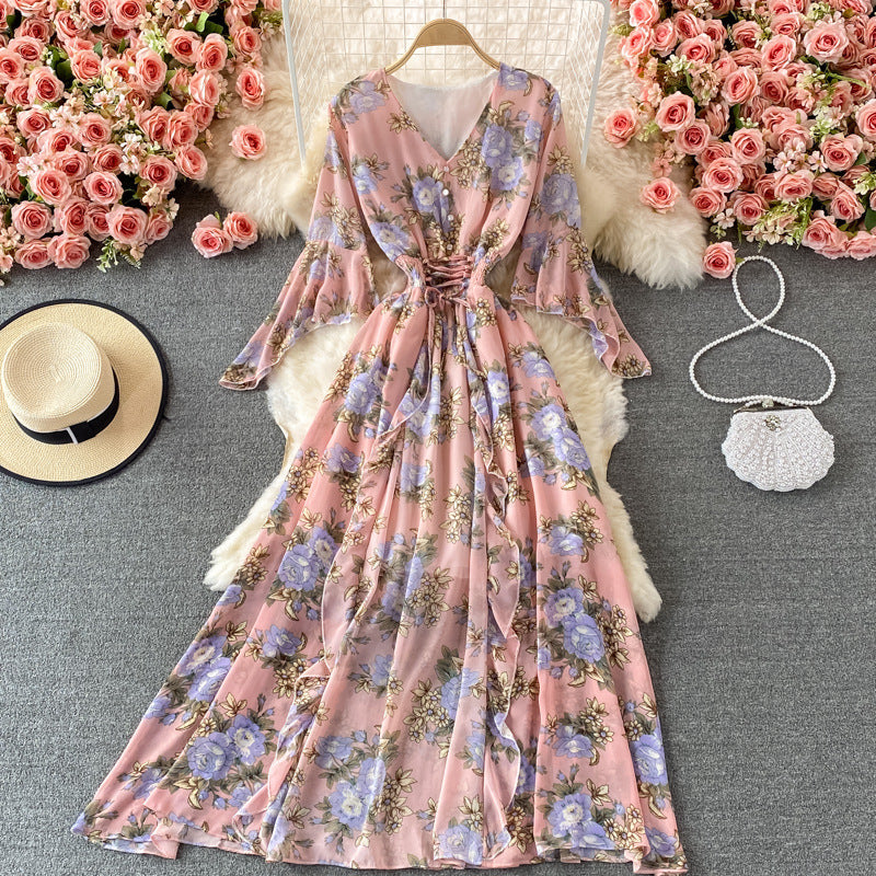 Women's V-Neck Floral Chiffon Dress One Size