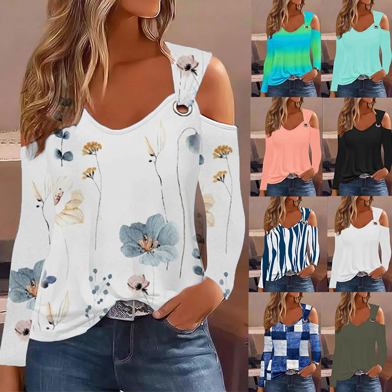 Simple Metal Buckle V-Neck Long Sleeve Shirt Polyester