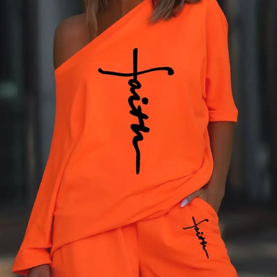 Ensemble 2 pièces imprimé Lettre de Foi Haut et Pantalon en Polyester