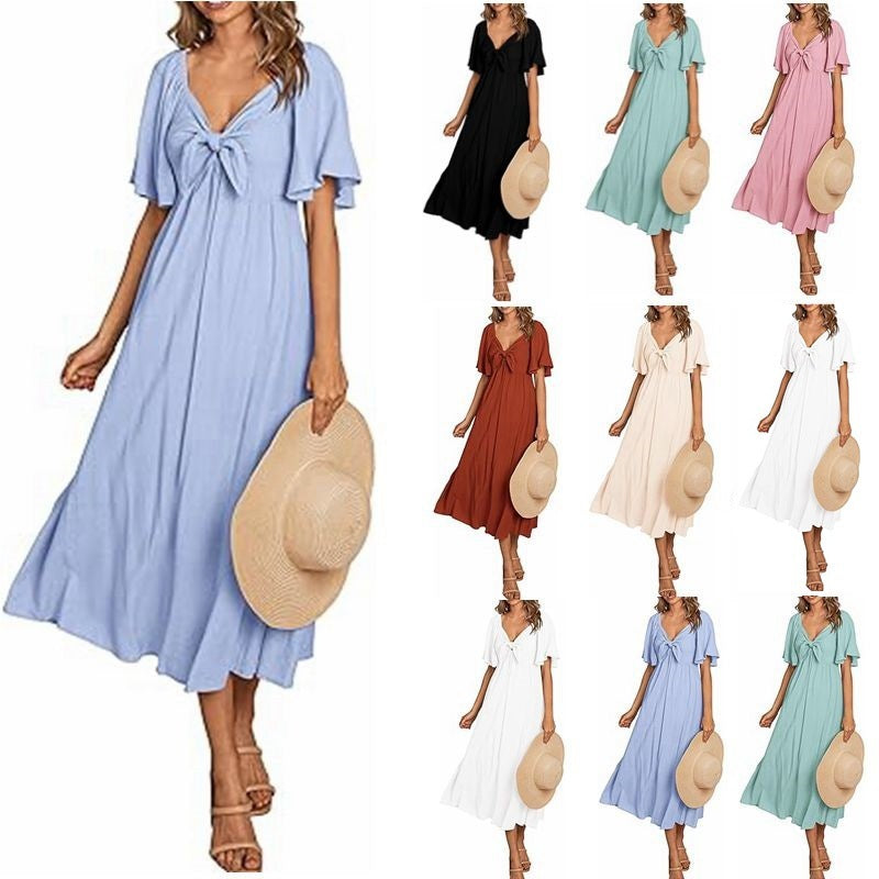 Women's Spring Summer Bow V-Neck Pleated Mid-Length Short Sleeve Dress