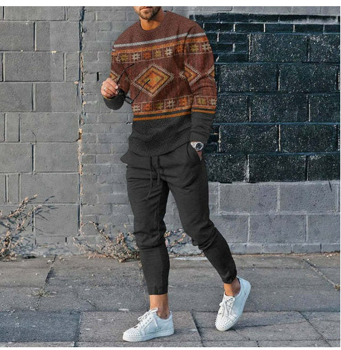 Men's Casual Round Neck Sweatshirt Pullover Two-piece Set