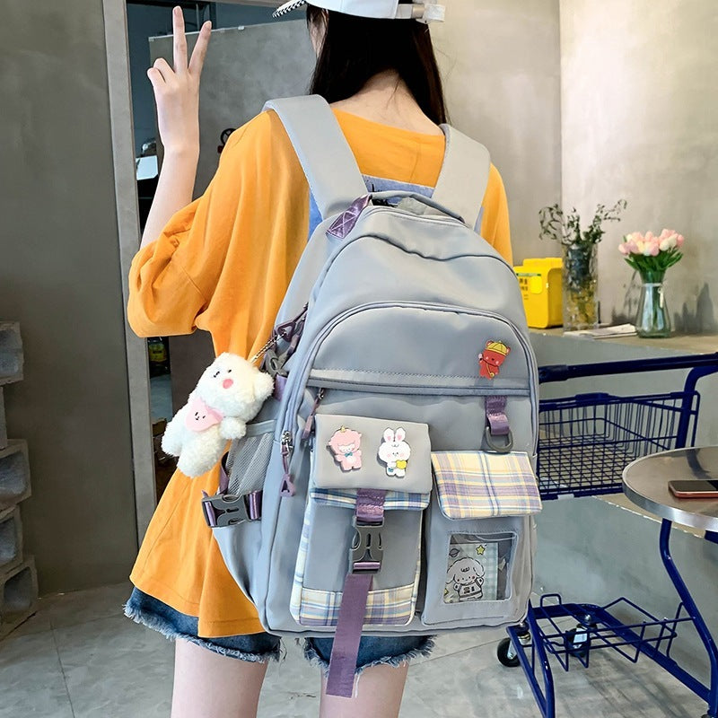 Harajuku Preppy Nylon Backpack Two-Piece Set with Stripes, 33x44x14cm