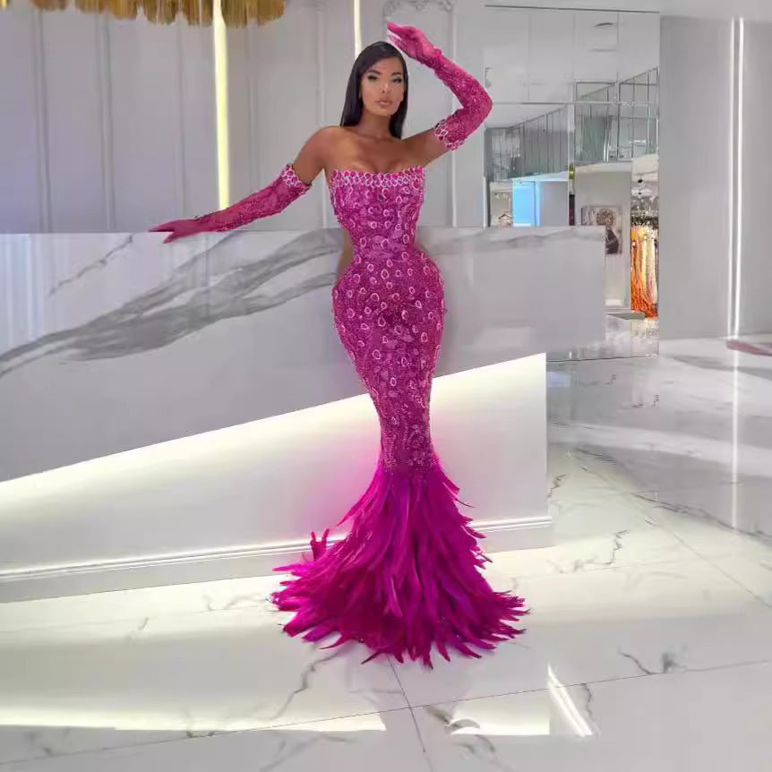 Robe de bal sirène amincissante en coton rouge rosé
