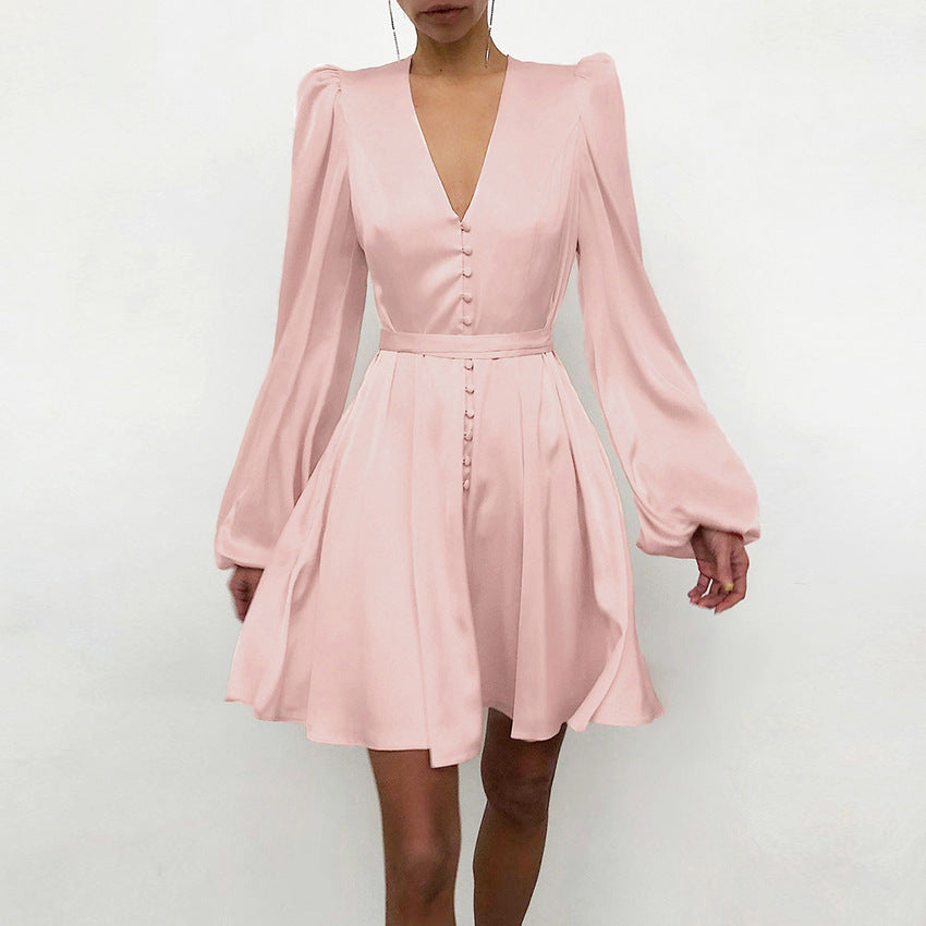 Spring Satin Satin V Neck Temperament Slim Dress