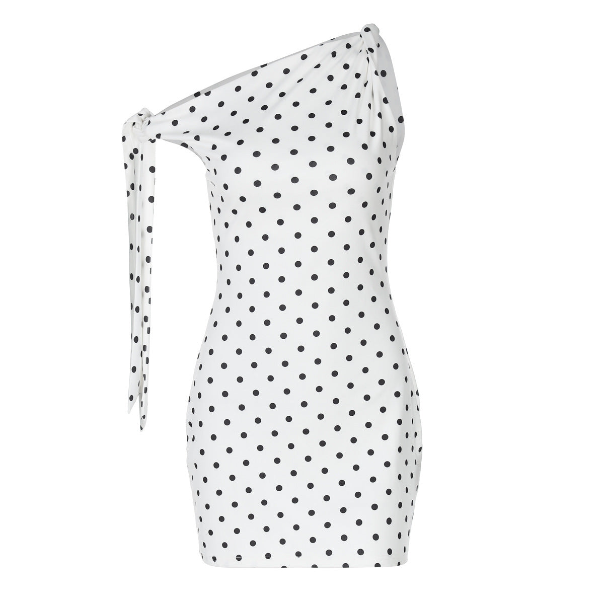 Fashion Sexy Polka Dot Print Oblique Shoulder Lace Up Slim Fit Hip Bag Dress