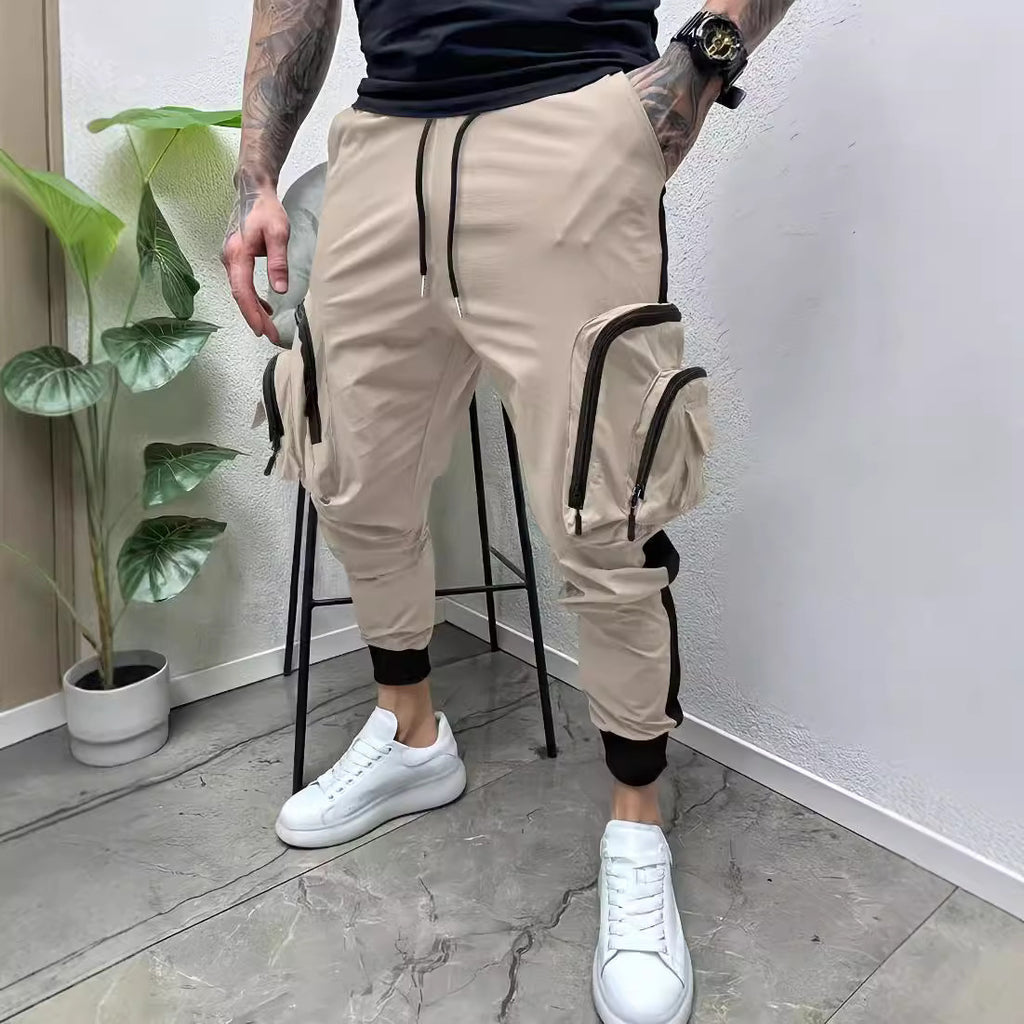 Casual Multi-Pocket Colorblock Tapered Zipper Overalls