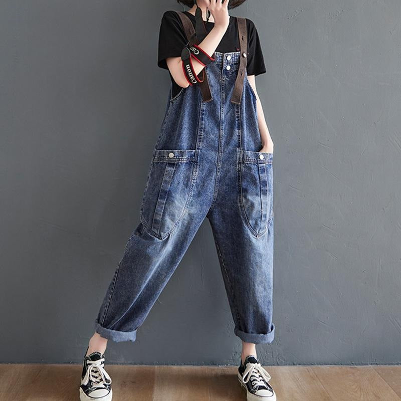 Women's Loose Light Blue Denim Overalls High Waist Slim Fit