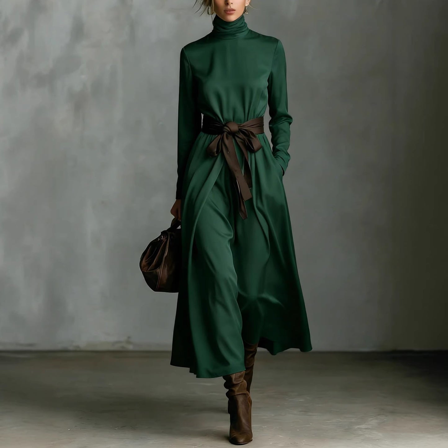 Robe mi-longue à manches longues avec ceinture contrastante