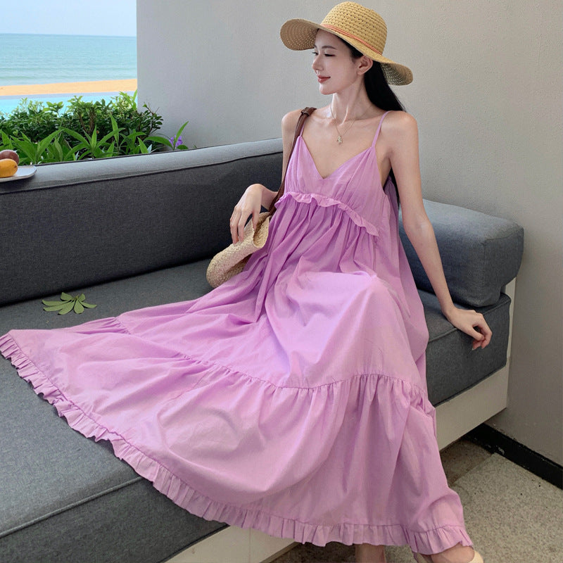 Purple Ramie Cotton French Strap Seaside Dress