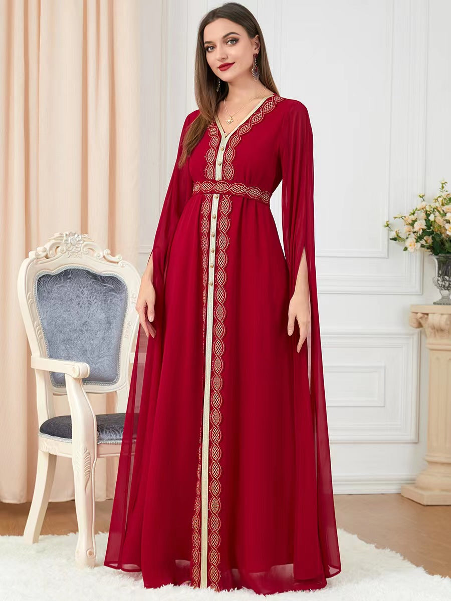 Robe de soirée élégante à col en V ethnique avec épissure en rose, vert et violet