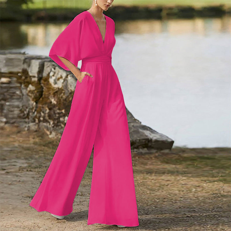 Women's Deep V High Waist Wide Leg Jumpsuit