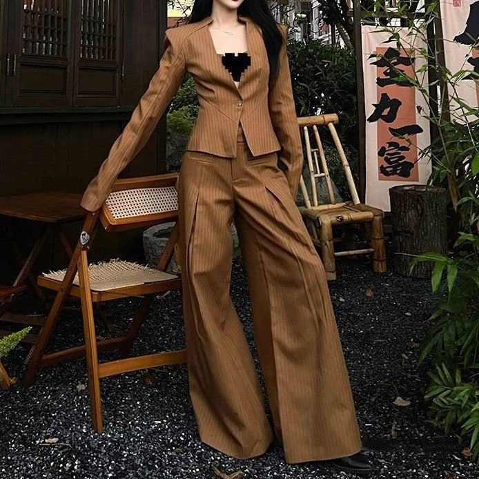 Women's Retro American-Style Chenille Coat & Wide-Leg Pants Suit Brown