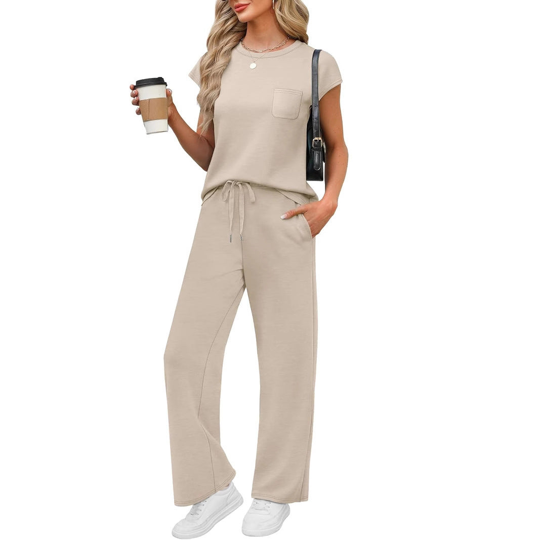 Round Neck Loose Short Sleeve Pocket Two-Piece Casual Suit