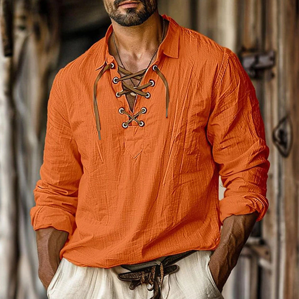 Men's Plus Size Loose Linen Long Sleeve Solid Color Shirt with Lapels
