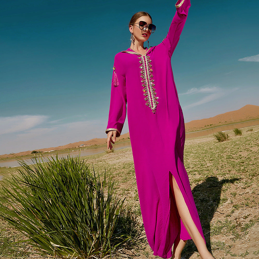Women's Rose Red Hooded Moroccan Style Dress with V-Neck and A-Line Skirt