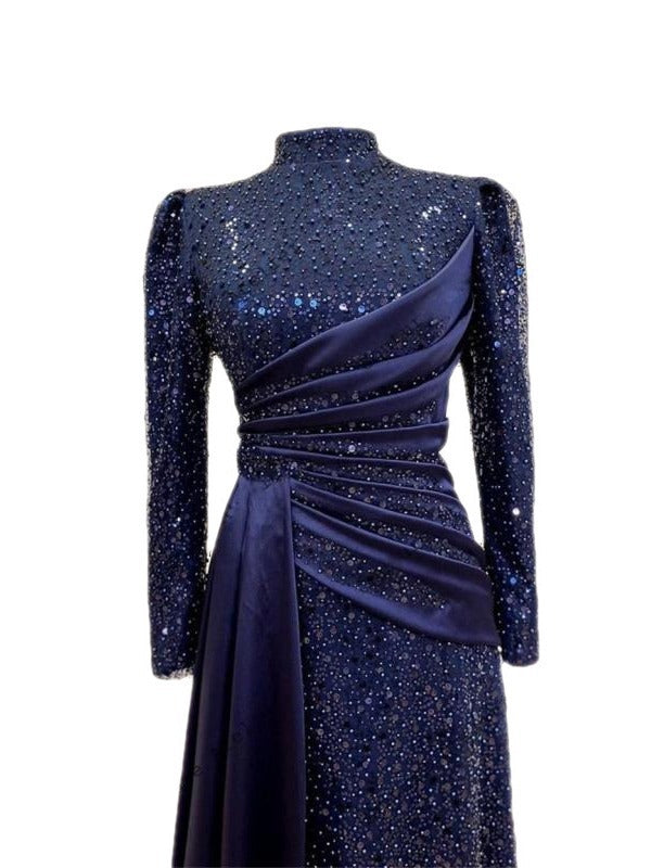 Robe de soirée longue à col montant et manches longues en dentelle à sequins bleu foncé musulmane Hui