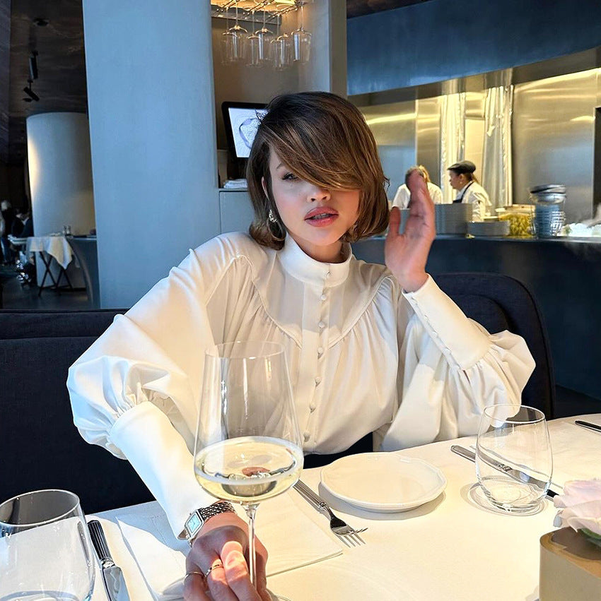 White Casual Small Stand-Up Collar Lantern Sleeve Pleated Shirt