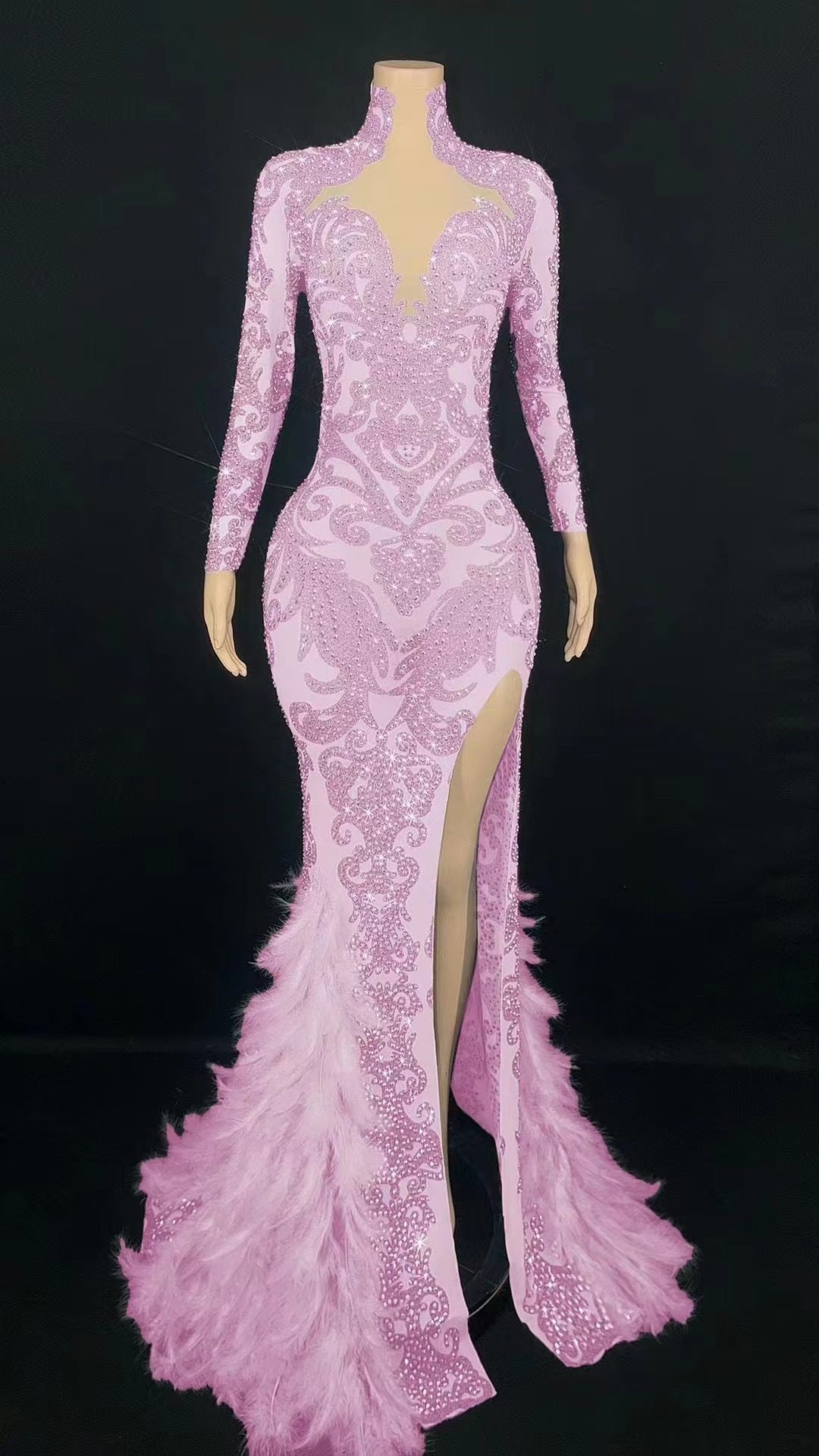 Women's Beaded Feather Long Tight Jumpsuit Dress