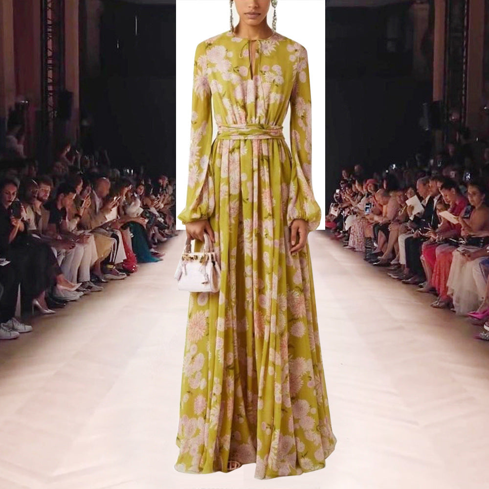 Robe longue femme à col rond, manches lanternes et ceinture à nouer