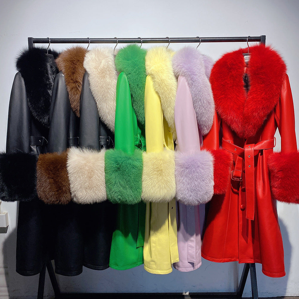 Slim-Fit Genuine Leather Sheepskin Coat with Fox Fur Collar
