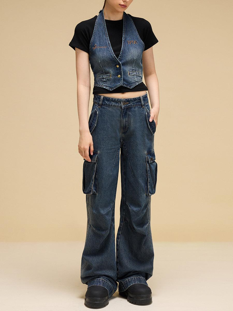 Heavy Industry Dark Wide-Leg Denim Overalls with Multi-Pockets