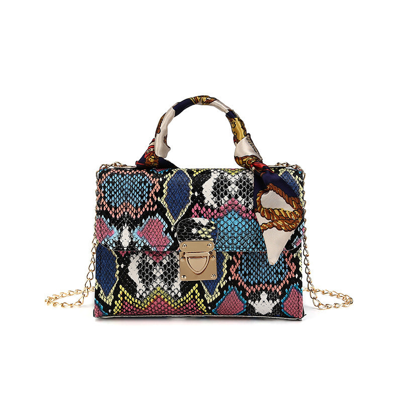 Colorful Snake Print PU Leather Medium Square Handbag
