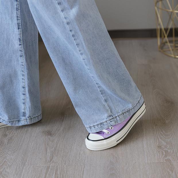 High-Waisted Blue Cotton Straight & Wide-Leg Pants Loose Fit