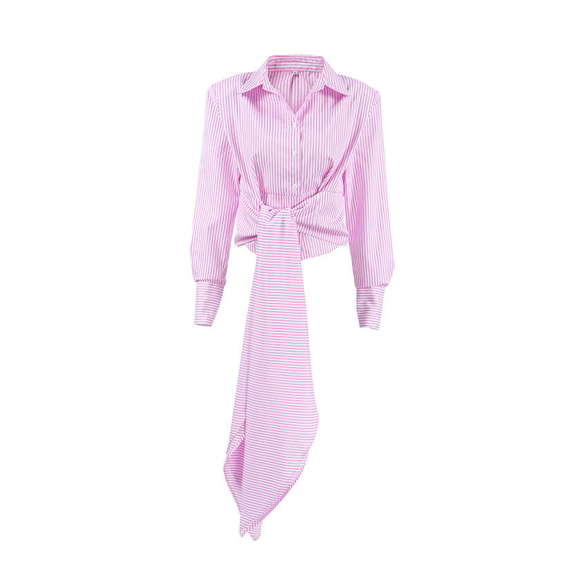 French Style Lace-Up Striped Shirt in Blue & Pink Polyester