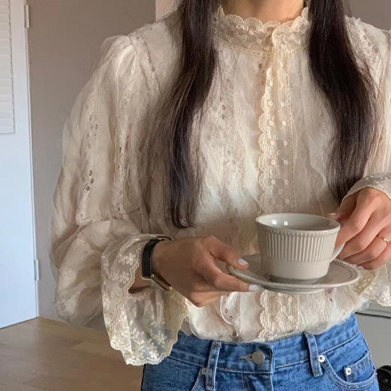Elegant Lace Puff Sleeve Stand Collar Shirt Women