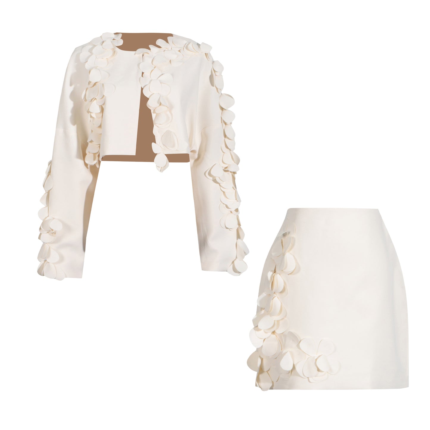 Ensemble jupe et tailleur haut de gamme à surpiqûres fines, style bohème chic.