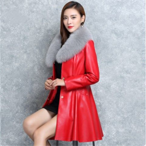 Women's Faux Fox Fur Collar Coat in Black & Red, Sizes S-XXXXL