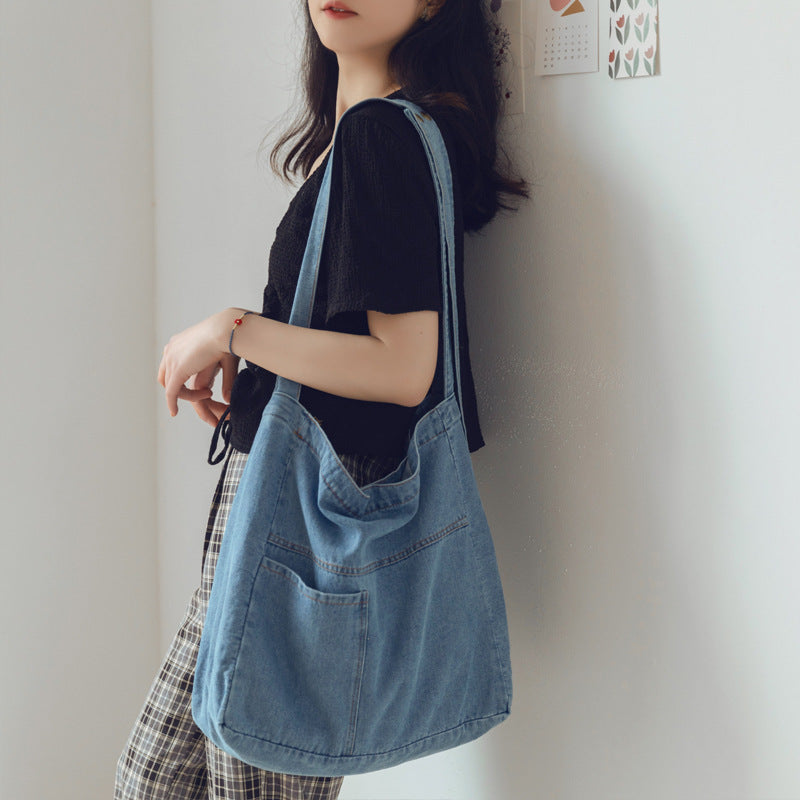Washed Denim Large-Capacity Crossbody Bag in Dark Blue, Black, Light Blue