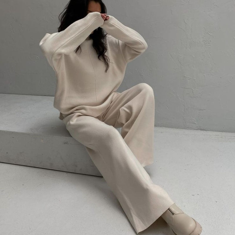 Long Sleeve Loose Casual Sweater Knit Top Trousers Set