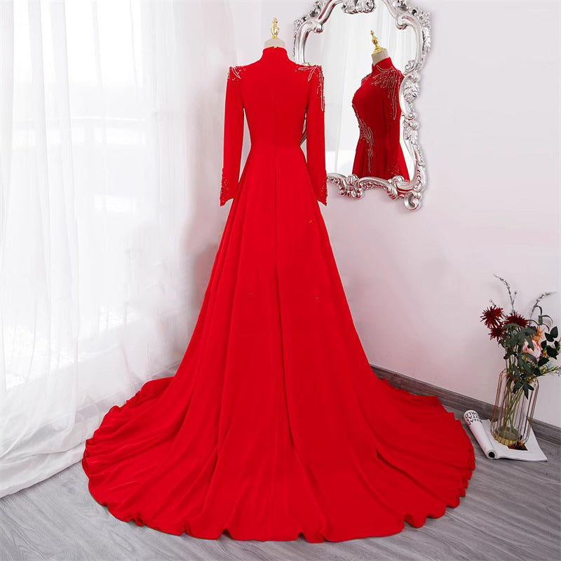 Robe de soirée longue rouge à manches longues pour femmes