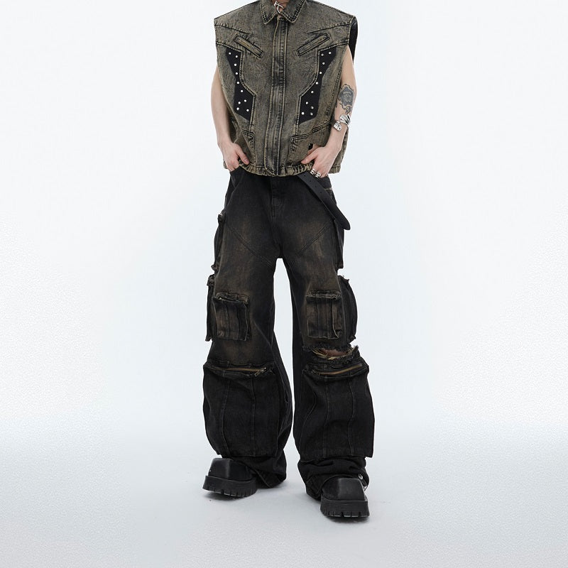 Distressed Multi-Pocket Hand-Painted Cotton Jeans