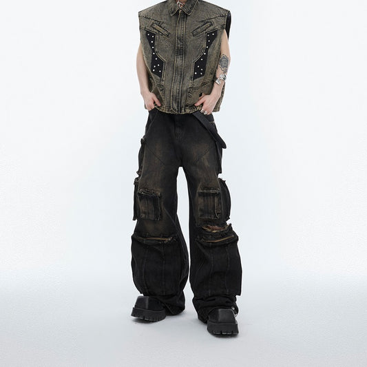 بنطال جينز بتصميم متعدد الجيوب ممزق، مصنوع يدويًا ومطلي يدويًا